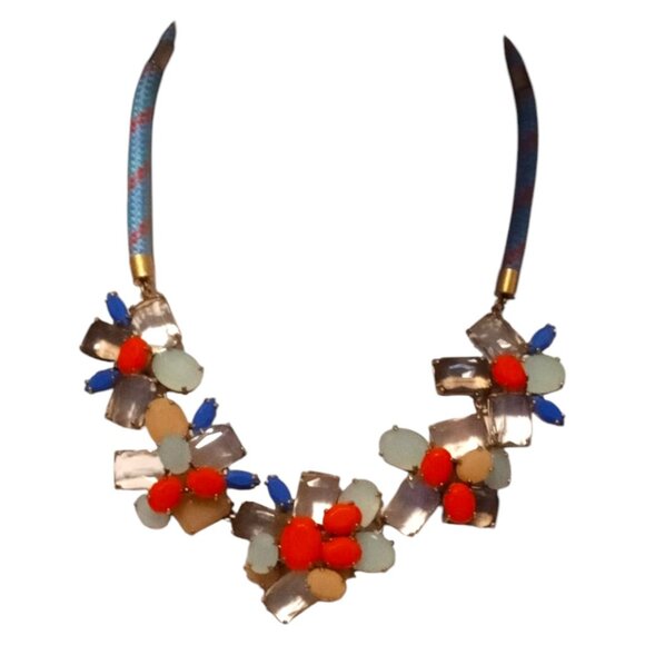 J. CREW Signed Vintage Chunky Blue Orange Rhinestone Floral Necklace Gold Tone - Picture 1 of 16